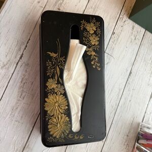 Vintage Black Decorative Tissue Box with Gold Floral Design